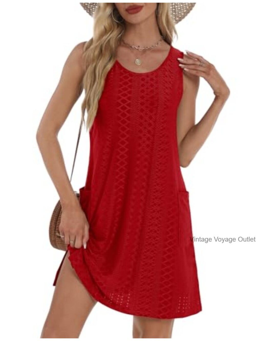 Sleeveless Sundress Coverup with Pockets Eyelet Knee Length Swing Dress